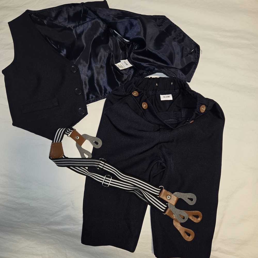 Baby Suit, Navy Vest and Pants Set with Suspenders And White Shirt 18-24 Month